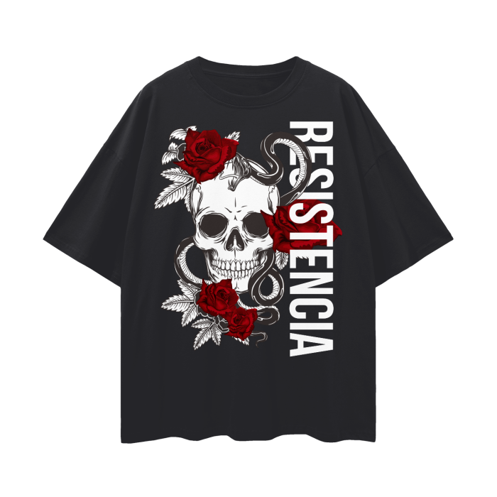 Resistencia Intersectional Pride Chicano Streetwear Style Graphic Tee on front of Black Oversize Deep Drop Shoulder Tee - 190 GSM