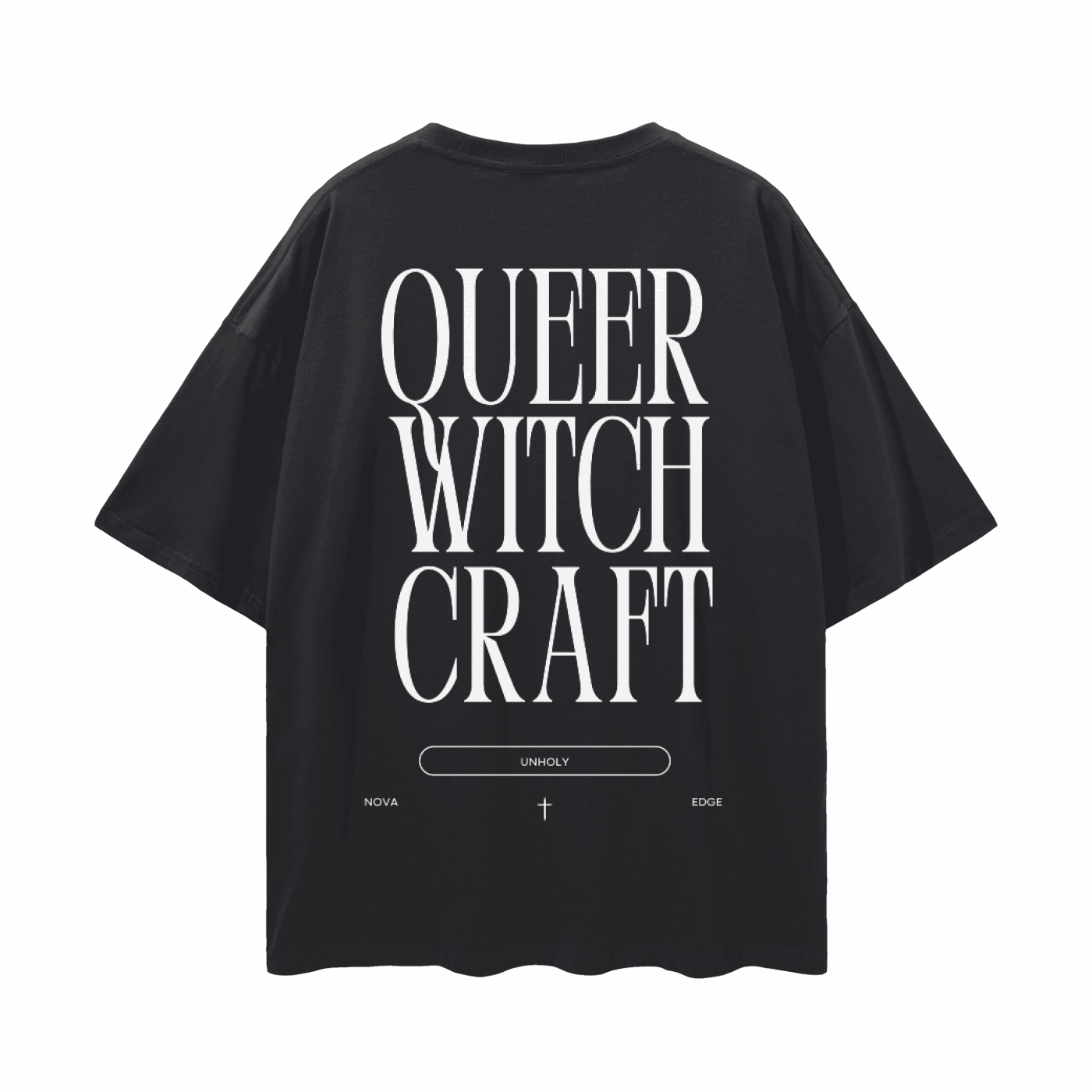Queer Witchcraft Unholy Punk Queer Pride on back of Black Oversize Tee Oversize Deep Drop Shoulder Tee - 190 GSM