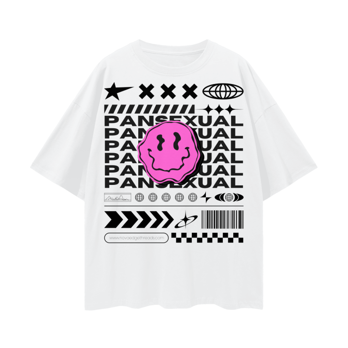 Pansexual Pride T-Shirt Streetwear Style on front of White Oversize Deep Drop Shoulder Tee - 190 GSM