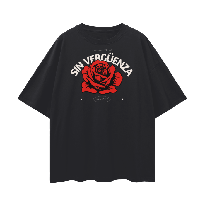 Sin Vergüenza Graphic Tee meaning No Shame in Spanish LGBTQ+ Hispanic Pride on front of Black Oversize Deep Drop Shoulder Tee - 190 GSM