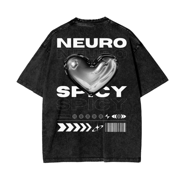 Chrome Heart NeuroSpicy Graphic Tee Streetwear Style on Black Acid Wash Oversize T-Shirt - 250 GSM