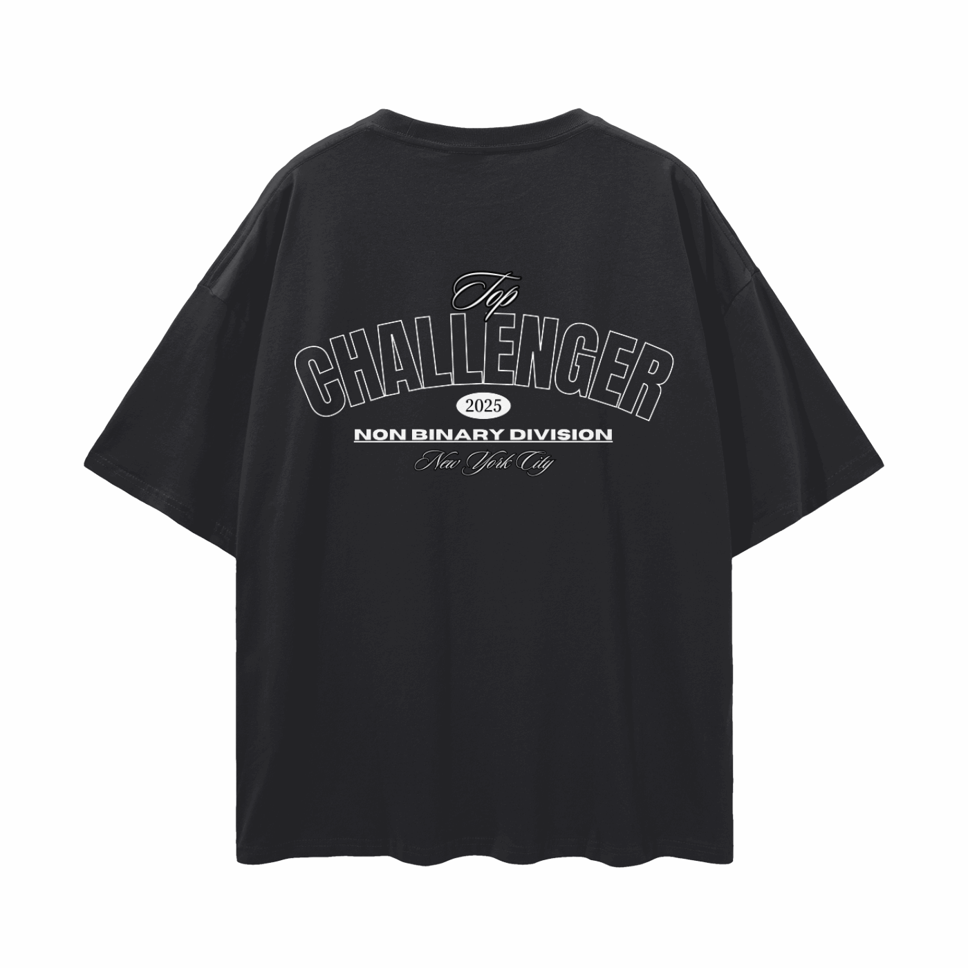 Top Challenger Non Binary Division on back of Black Oversize Deep Drop Shoulder Tee Oversize Deep Drop Shoulder Tee - 190 GSM