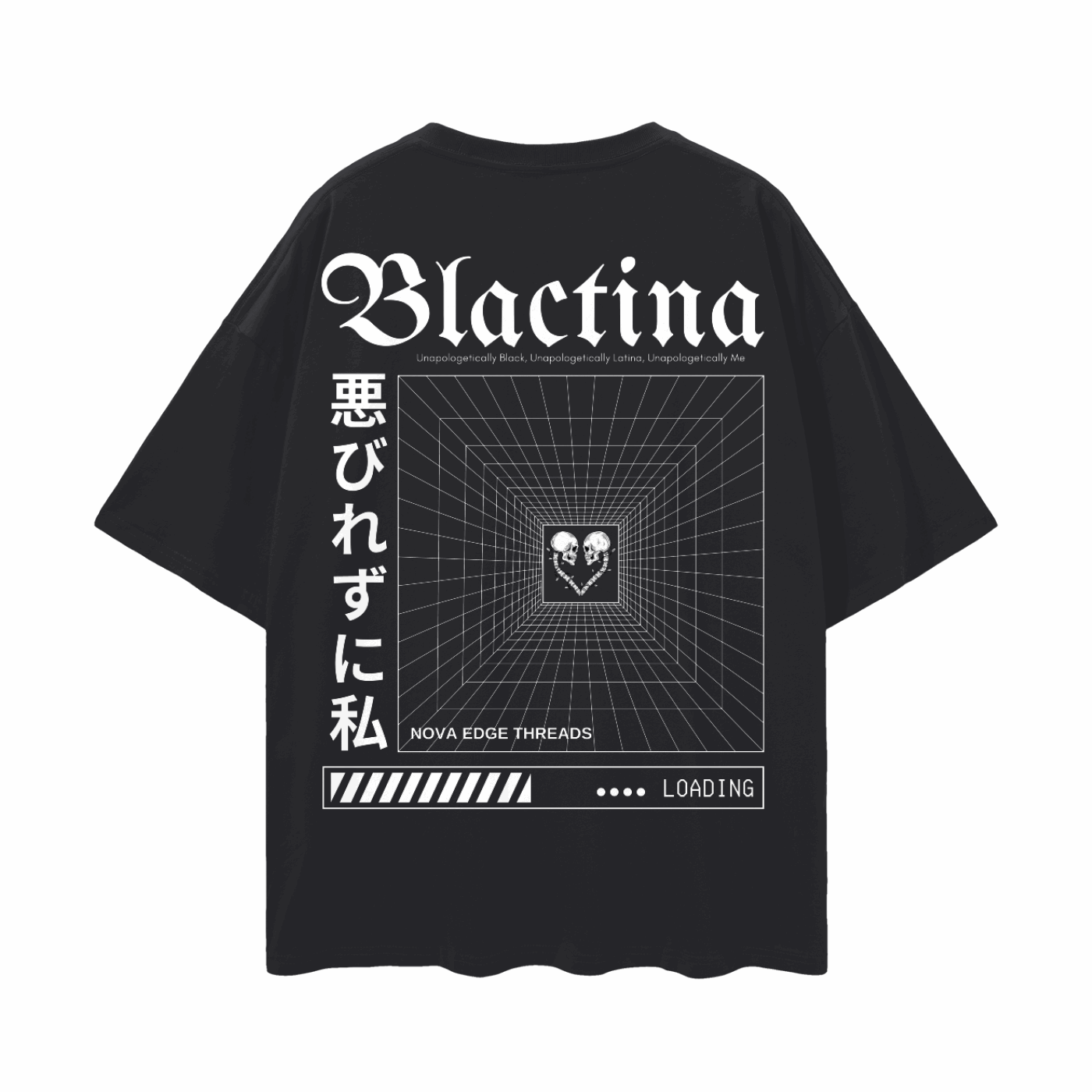 Blactina Graphic T-Shirt Black and Latina Pride on back of Black Oversize Deep Drop Shoulder Tee