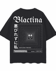 Blactina Graphic T-Shirt Black and Latina Pride on back of Black Oversize Deep Drop Shoulder Tee