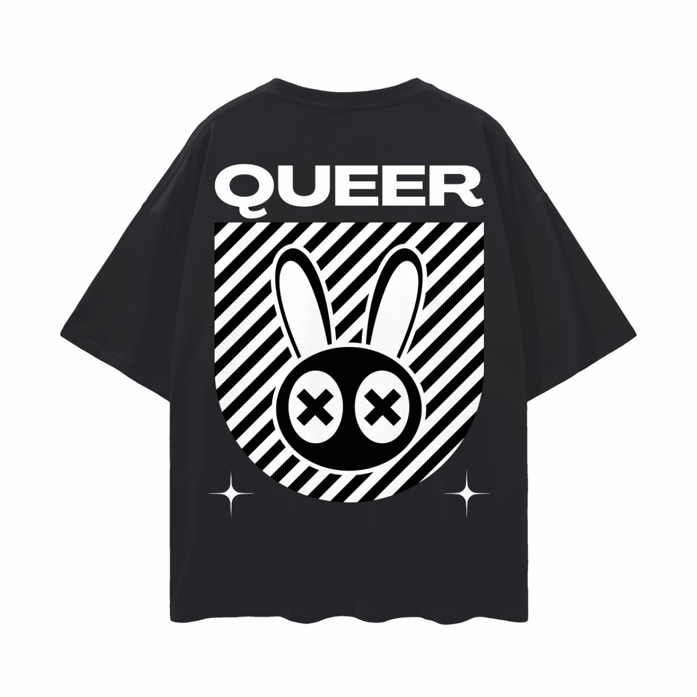 Queer Mad Rabbit Graphic T-Shirt Streetwear Style back of Black Oversize Deep Drop Shoulder Tee