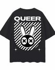 Queer Mad Rabbit Graphic T-Shirt Streetwear Style back of Black Oversize Deep Drop Shoulder Tee