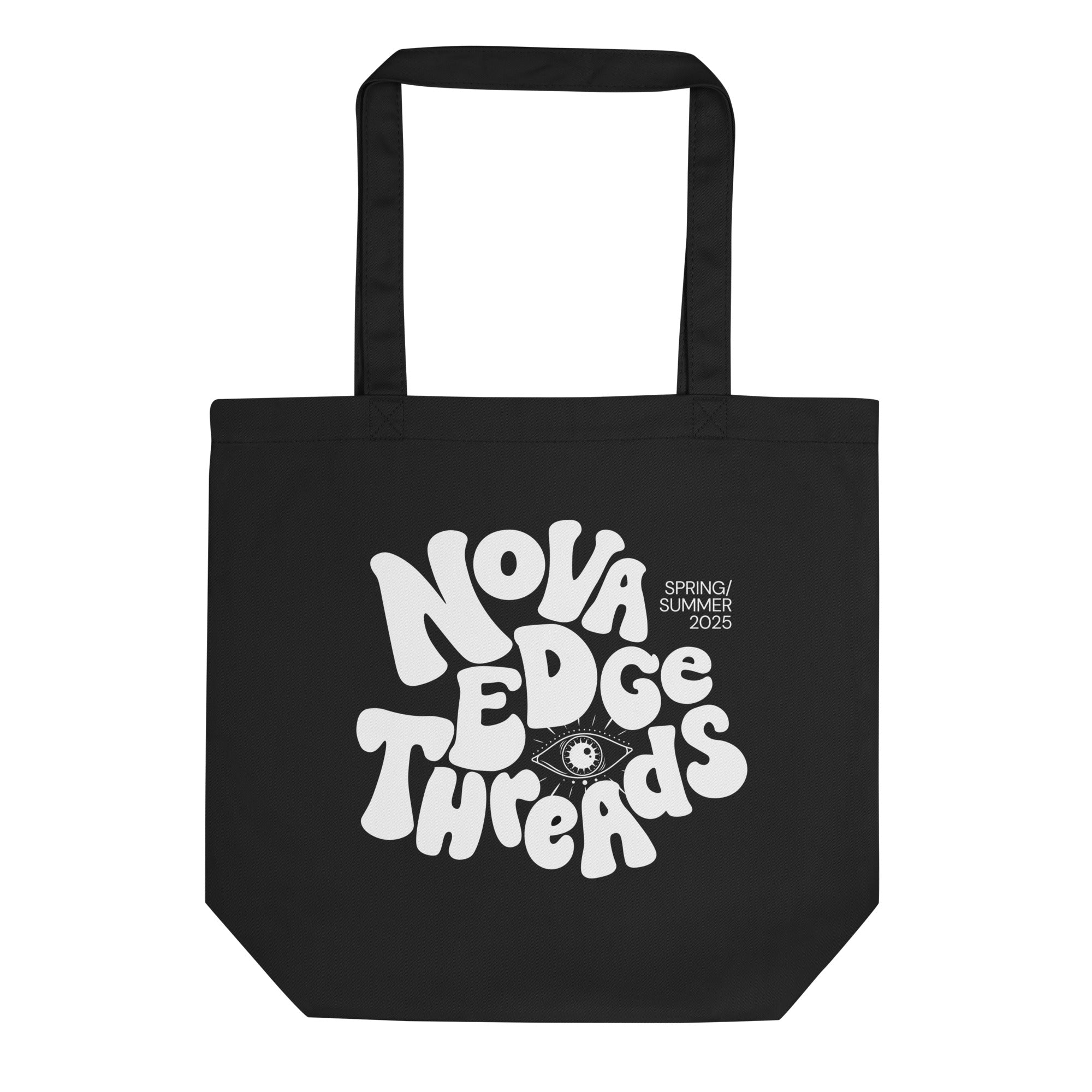 Black Eco Tote Bag with Nova Edge Threads in Nostalgic Type Bubble Letters and Opening Season Spring Summer 2025