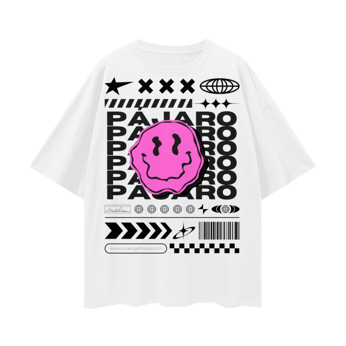 Pájaro Pink Smiley Streetwear Fashion Intersectional Gay Pride on front of White Oversize Deep Drop Shoulder Tee - 190 GSM