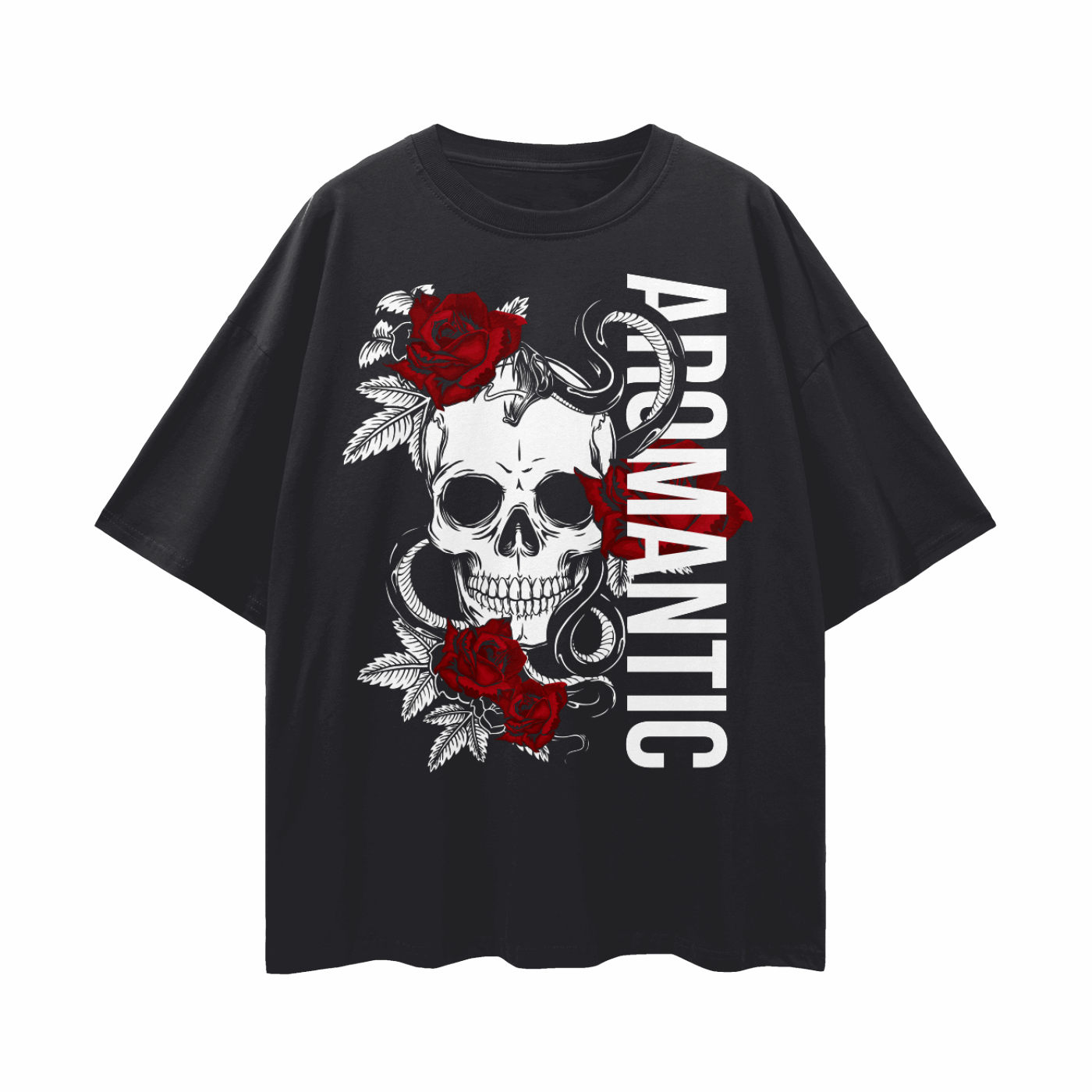 Aromantic Pride T-Shirt Skull and Roses Design on front of black Oversize Deep Drop Shoulder Tee Oversize Deep Drop Shoulder Tee - 190 GSM