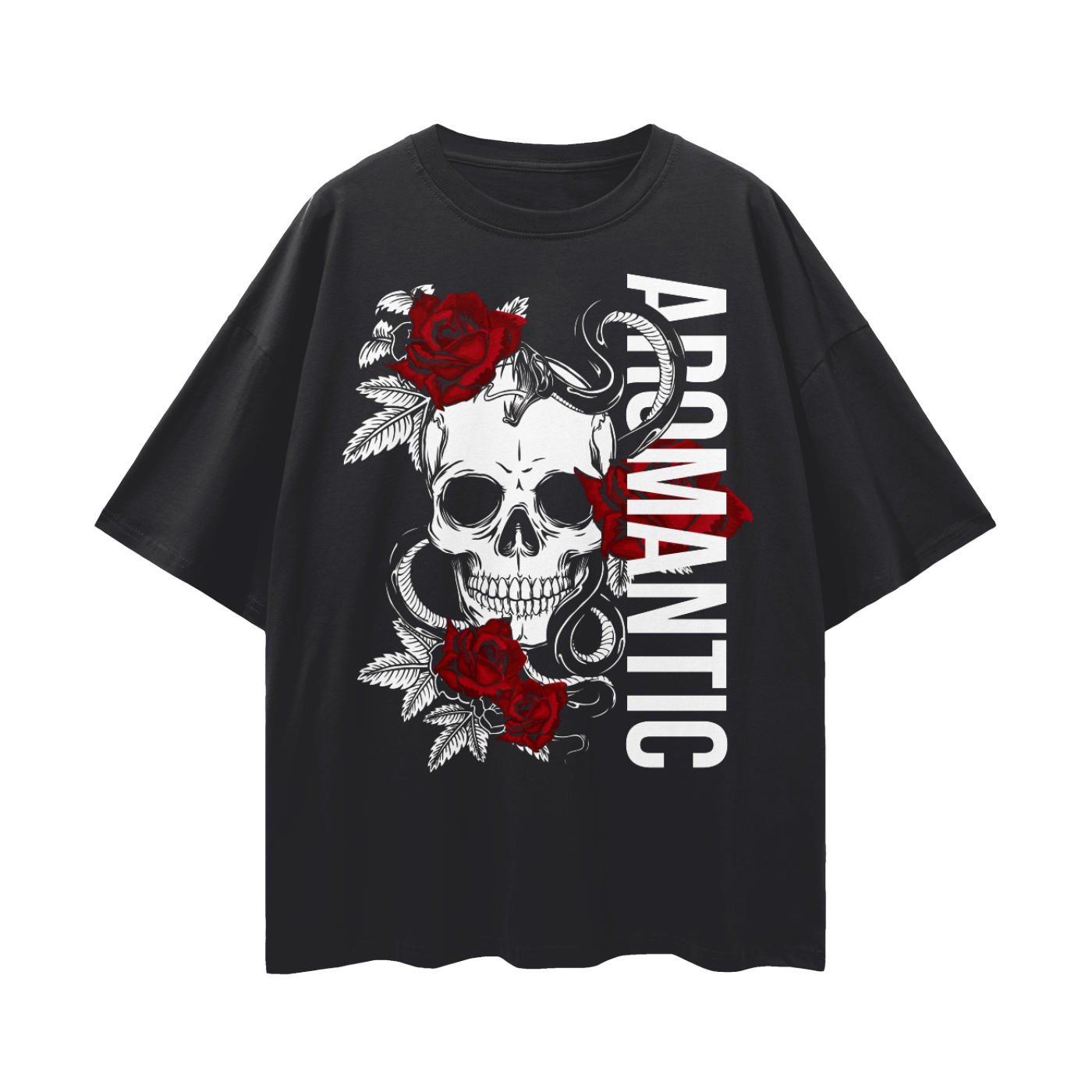 Aromantic Pride T-Shirt Skull and Roses Design on front of black Oversize Deep Drop Shoulder Tee Oversize Deep Drop Shoulder Tee - 190 GSM