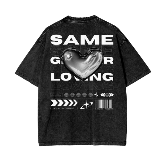 Same Gender Loving Intersectional Pride Graphic Tee Streetwear Fashion on Black Acid Wash Oversize T-Shirt - 250 GSM