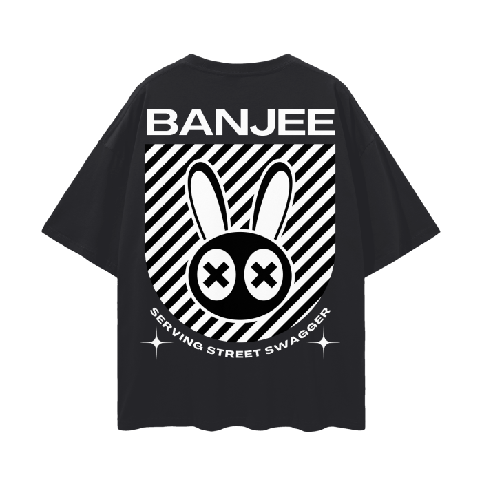 Banjee Mad Rabbit Graphic Tee Streetwear Style Ballroom Culture Origin for that Urban Street Swagger on back of Black Oversize Deep Drop Shoulder Tee - 190 GSM