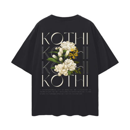 Kothi Graphic Tee Vintage Flowers Indian Intersectional Pride on Black Oversize Deep Drop Shoulder Tee - 190 GSM