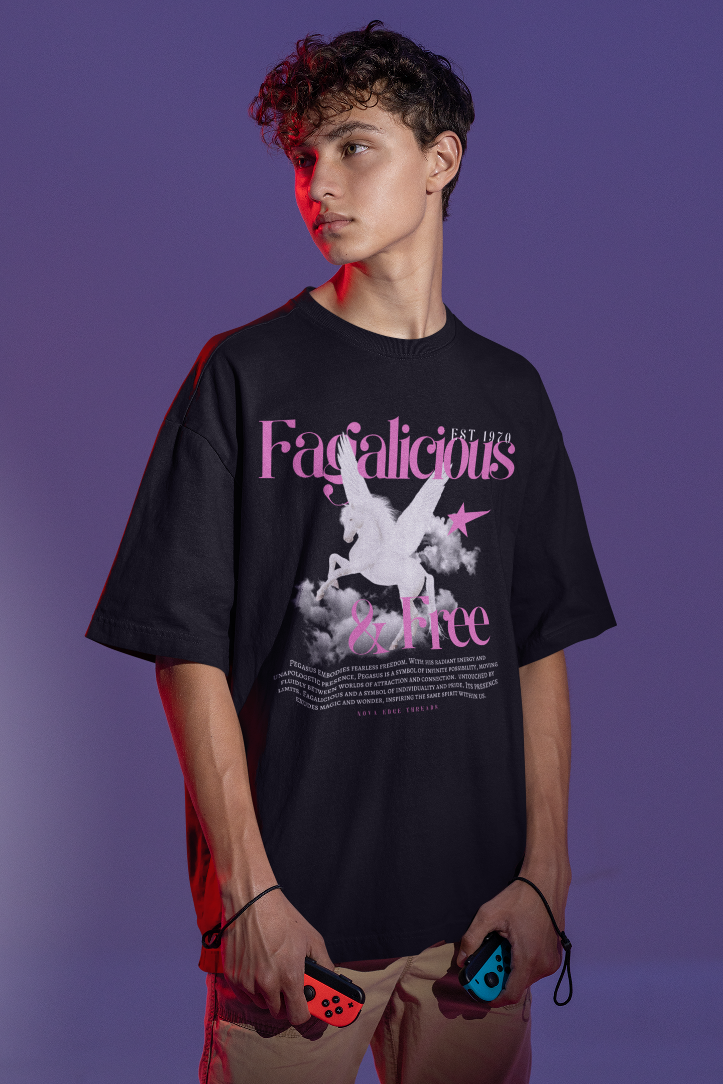 Fagalicious & Free Black Pink Pegasus Graphic Tee Bisexual Pride Oversize Tee Oversize Deep Drop Shoulder Tee - 190 GSM
