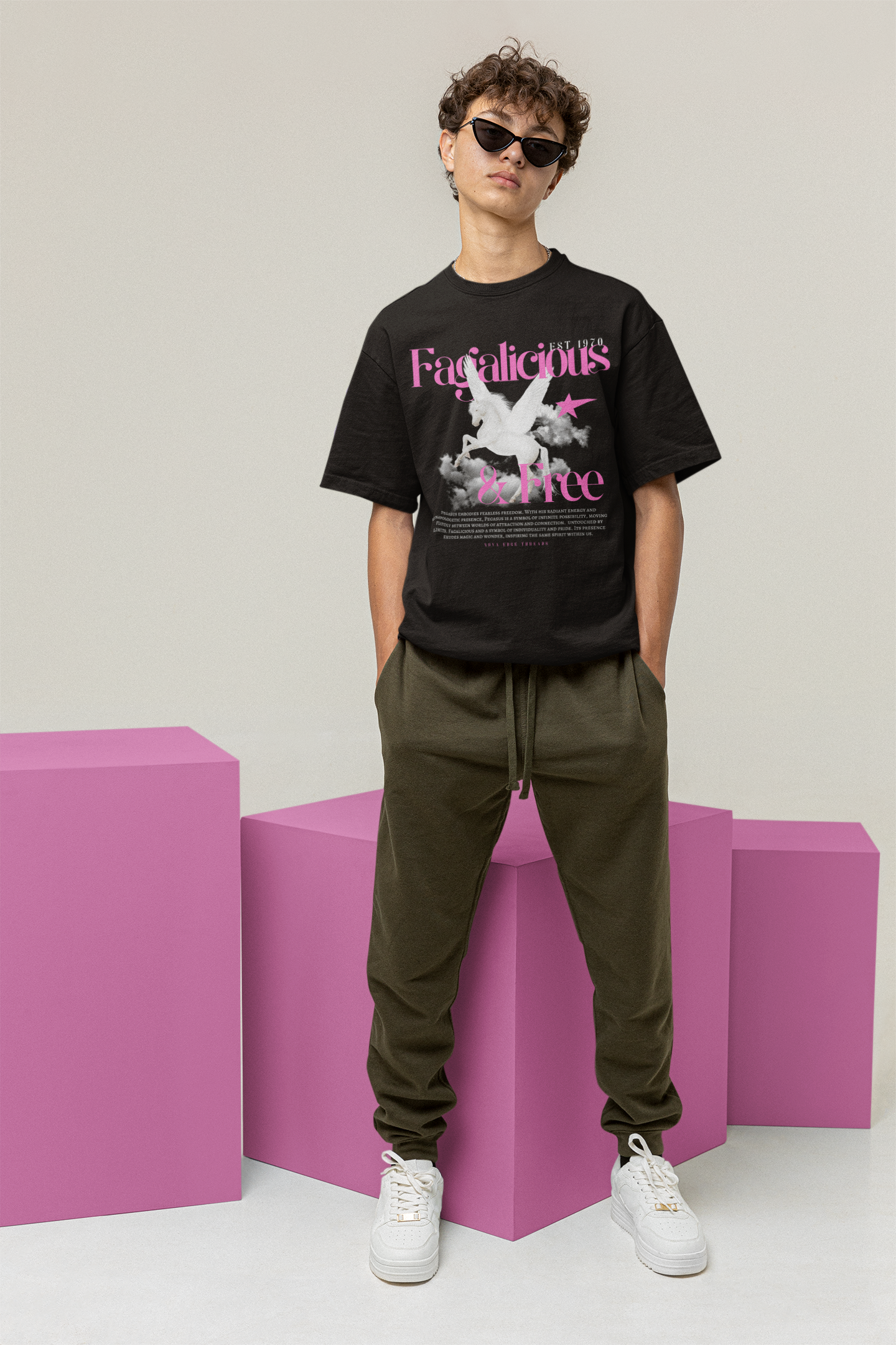 Fagalicious & Free Black Pink Pegasus Graphic Tee Bisexual Pride Oversize Tee Oversize Deep Drop Shoulder Tee - 190 GSM