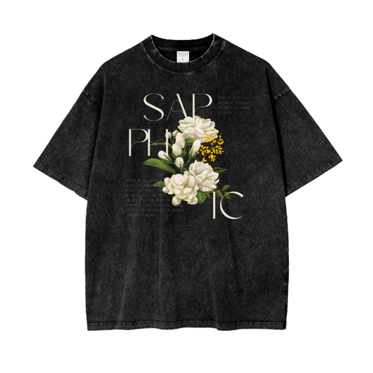 Sapphic Vintage Flowers Graphic Tee Streetwear Style Lesbian Pride on front of Black Acid Wash Oversize T-Shirt - 250 GSM