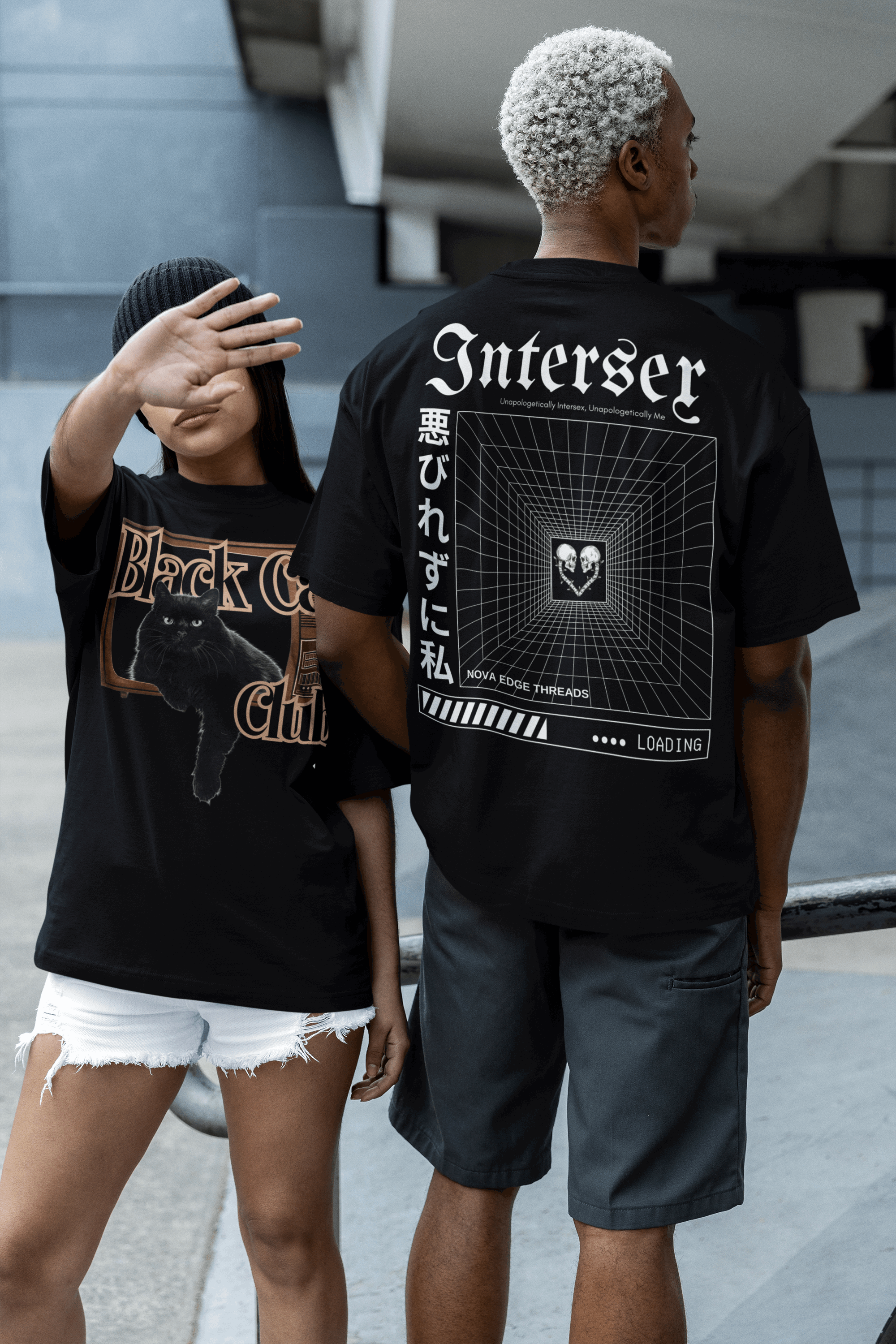 Black Cat Club Vintage Style Graphic T-Shirt Black Oversize Deep Drop Shoulder Tee