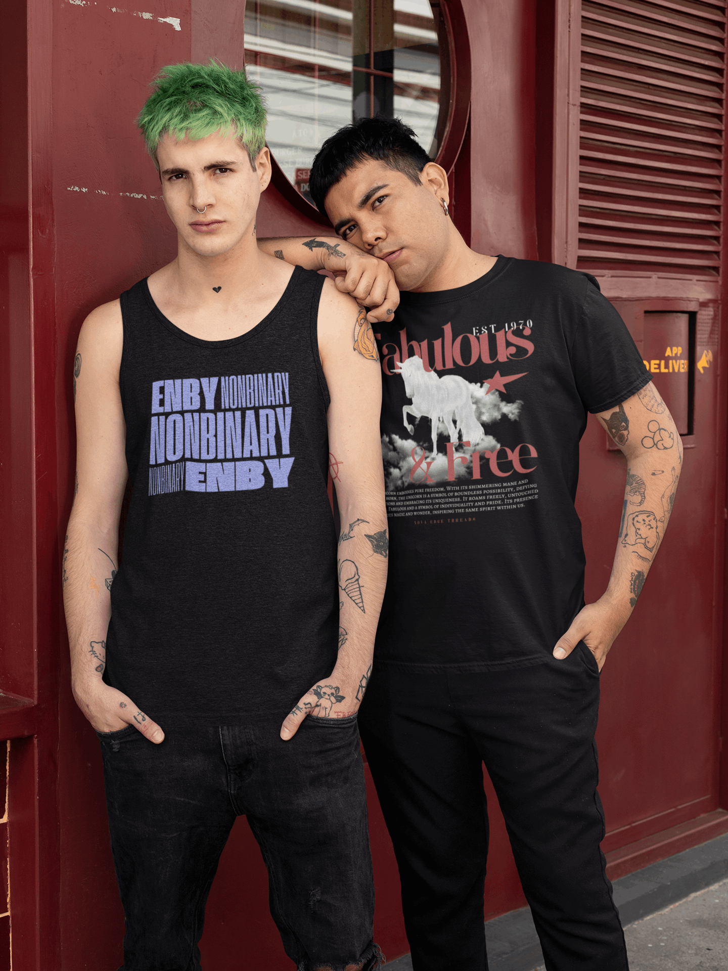 Fabulous & Free Unicorn Graphic Tee Streetwear LGBTQIA+ Pride on back of Black Oversize Deep Drop Shoulder Tee