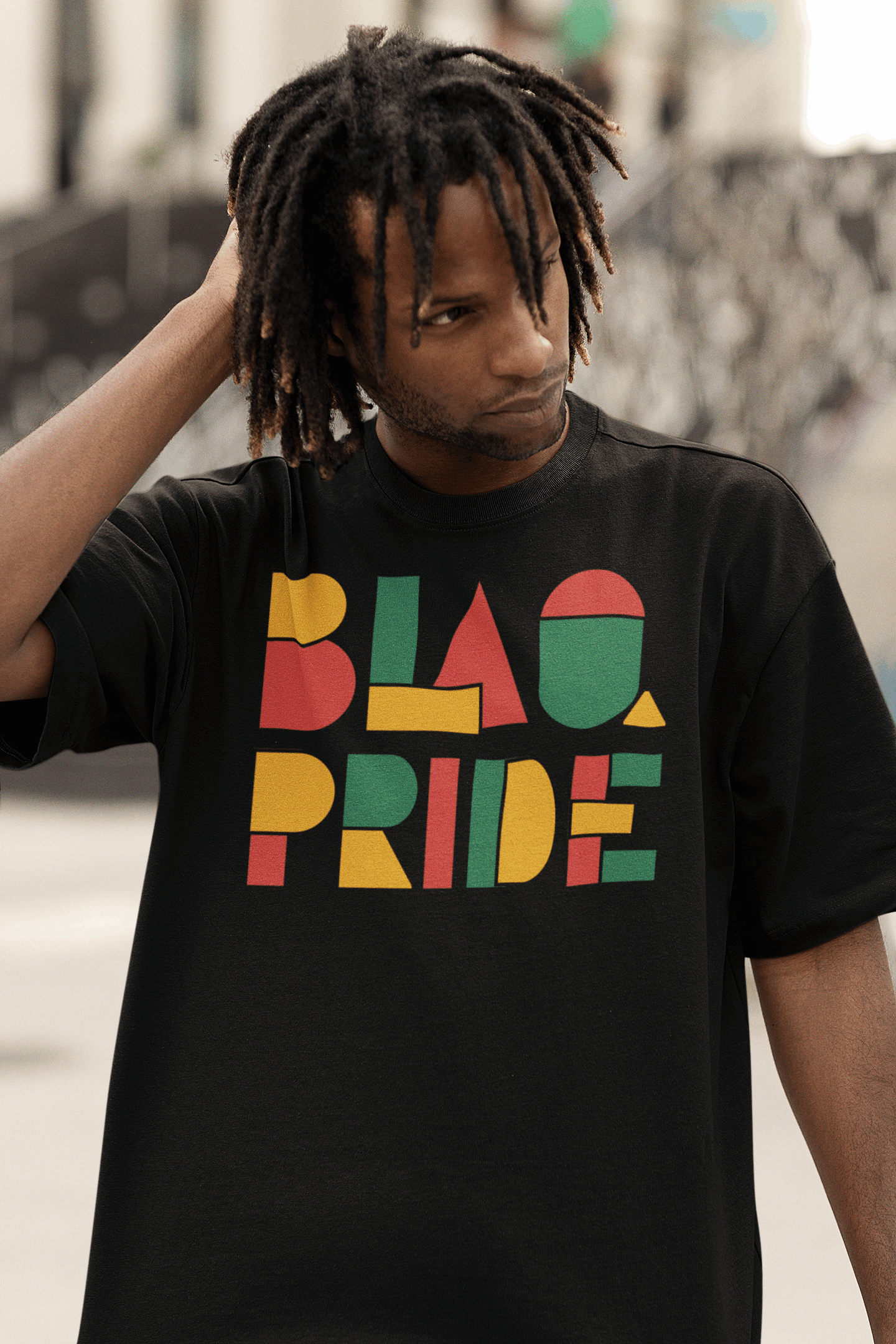 BlaQ Pride Geometric Lettering Red Yellow Green on Black Oversize Deep Drop Shoulder Tee