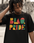 BlaQ Pride Geometric Lettering Red Yellow Green on Black Oversize Deep Drop Shoulder Tee