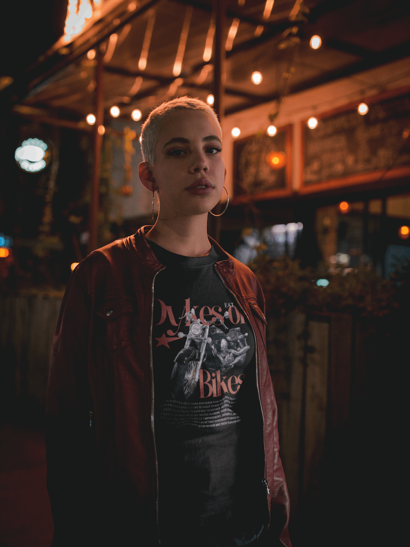 Dykes on Bikes Graphic T-Shirt Vintage Style on front of Black Oversize Deep Drop Shoulder Tee