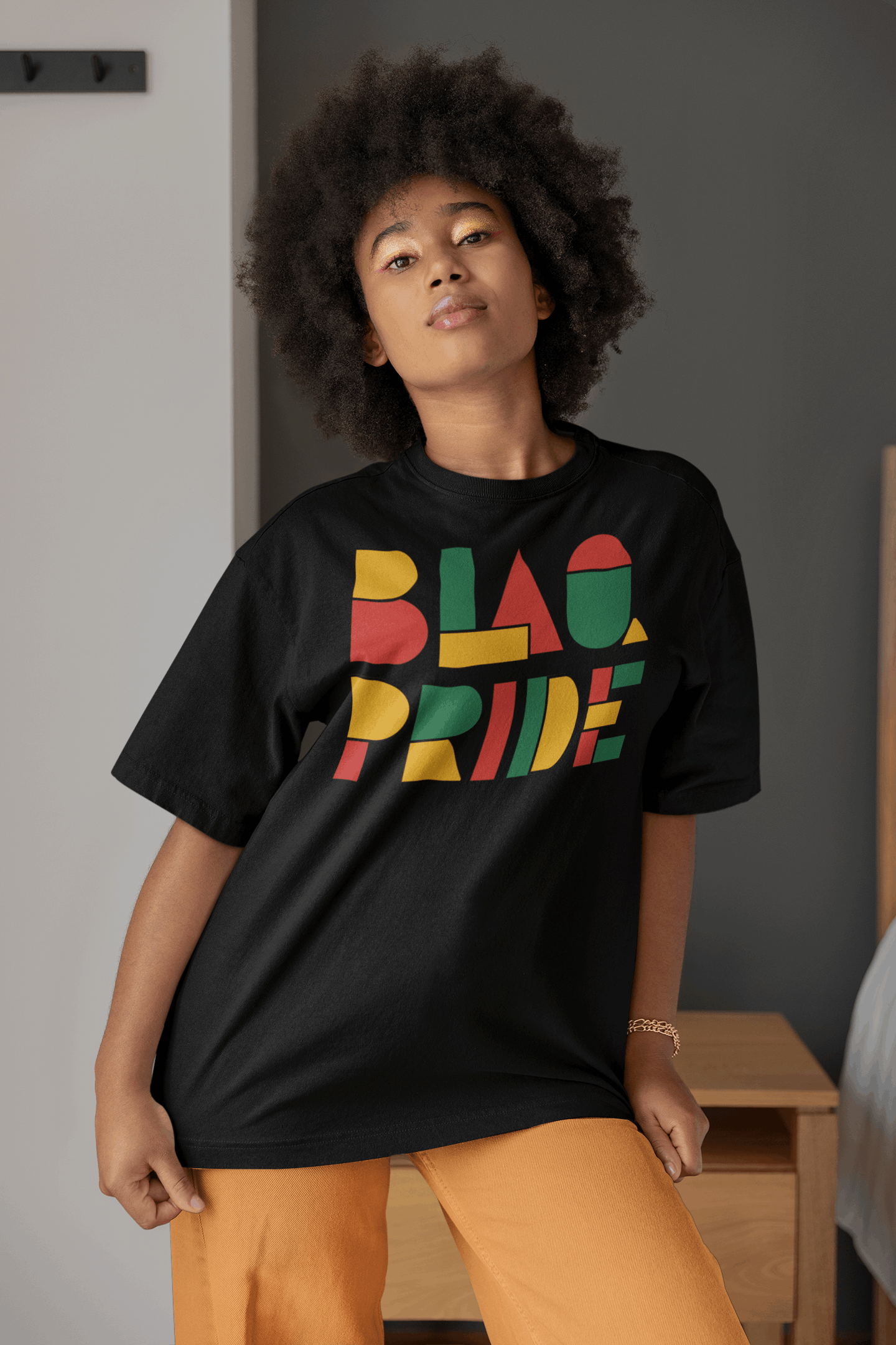 BlaQ Pride Geometric Lettering Red Yellow Green on Black Oversize Deep Drop Shoulder Tee