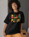 BlaQ Pride Geometric Lettering Red Yellow Green on Black Oversize Deep Drop Shoulder Tee