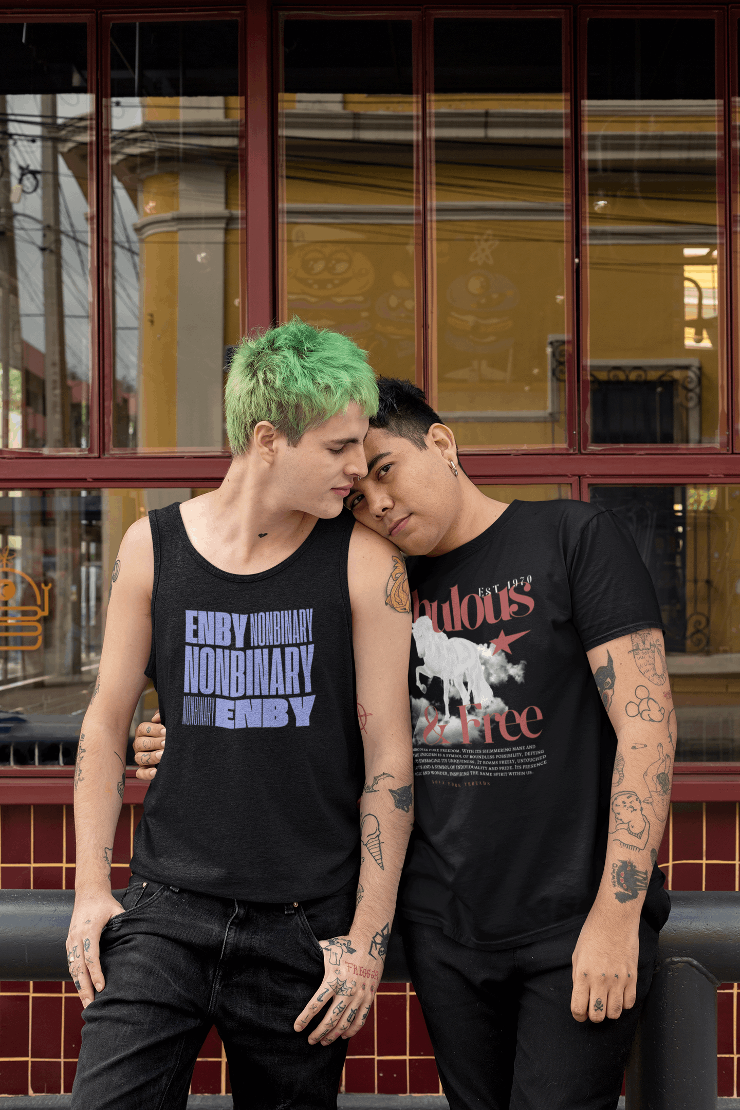 Fabulous & Free Unicorn Graphic Tee Streetwear LGBTQIA+ Pride on back of Black Oversize Deep Drop Shoulder Tee