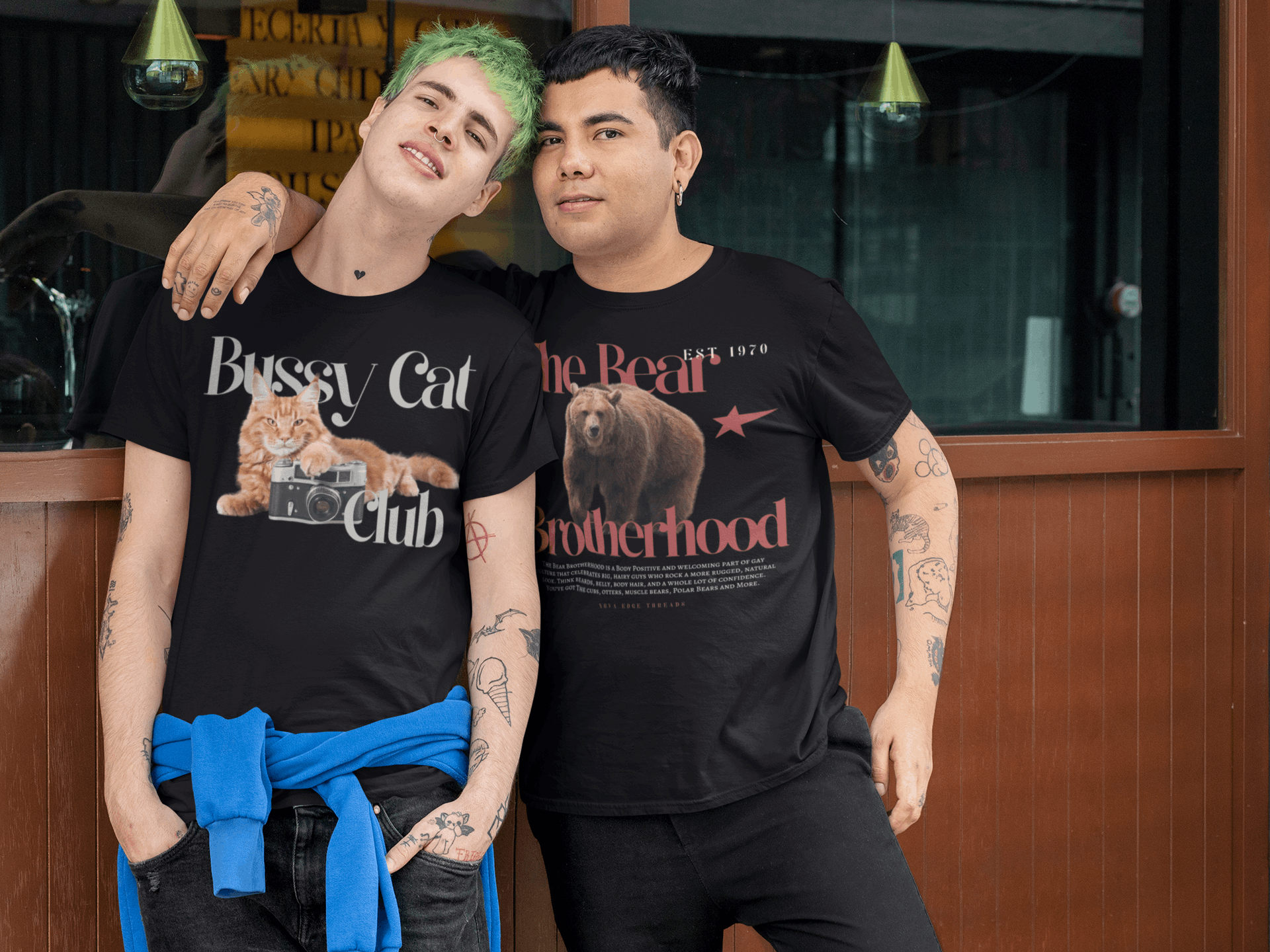 Bussy Cat Club Vintage Style Graphic T-Shirt front of Black Oversize Deep Drop Shoulder Tee