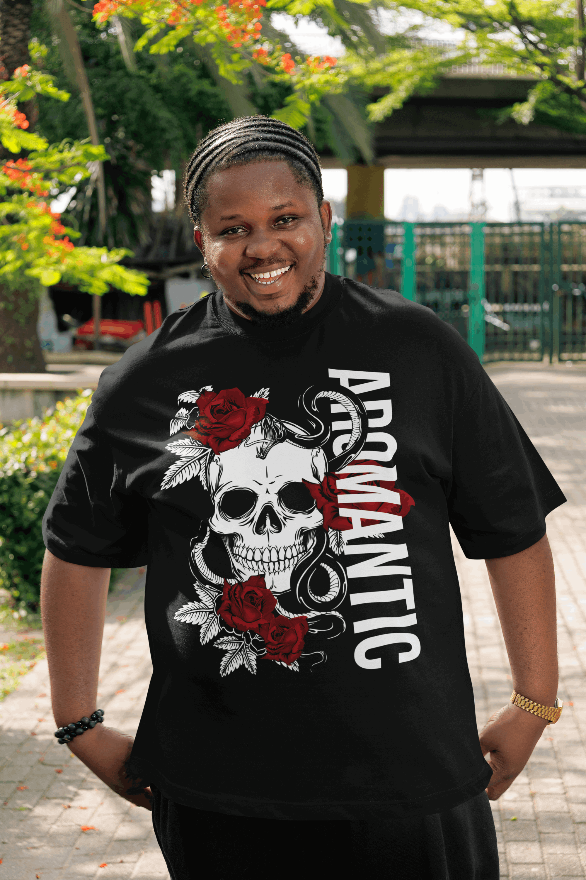 Aromantic Pride T-Shirt Skull and Roses Design on front of black Oversize Deep Drop Shoulder Tee Oversize Deep Drop Shoulder Tee - 190 GSM