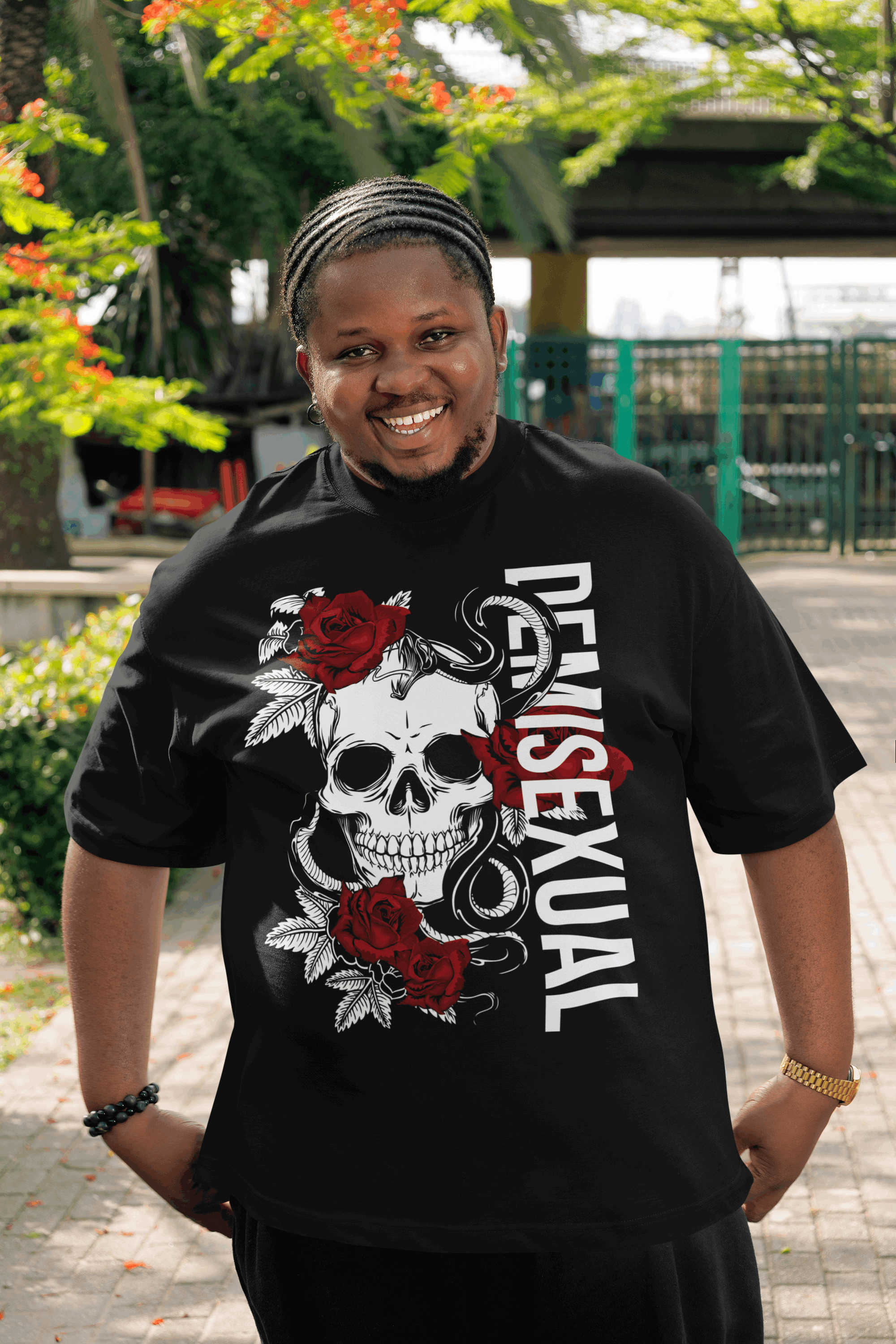 Demisexual Pride T-Shirt Skull and Roses Tattoo Inspired Design on front of Black Oversize Tee Oversize Deep Drop Shoulder Tee - 190 GSM