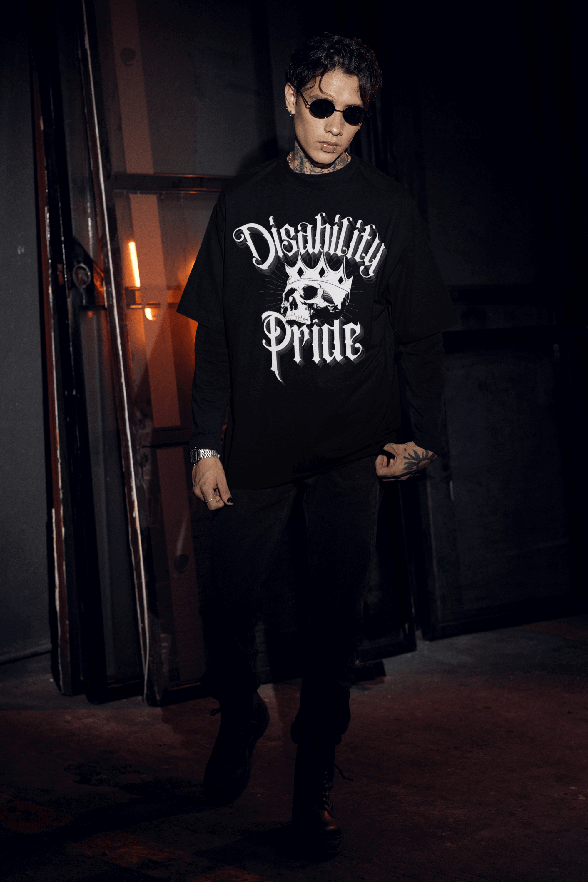 Disability Pride Punk Design Skull with Crown on front of Oversize Deep Drop Shoulder Tee Oversize Deep Drop Shoulder Tee - 190 GSM