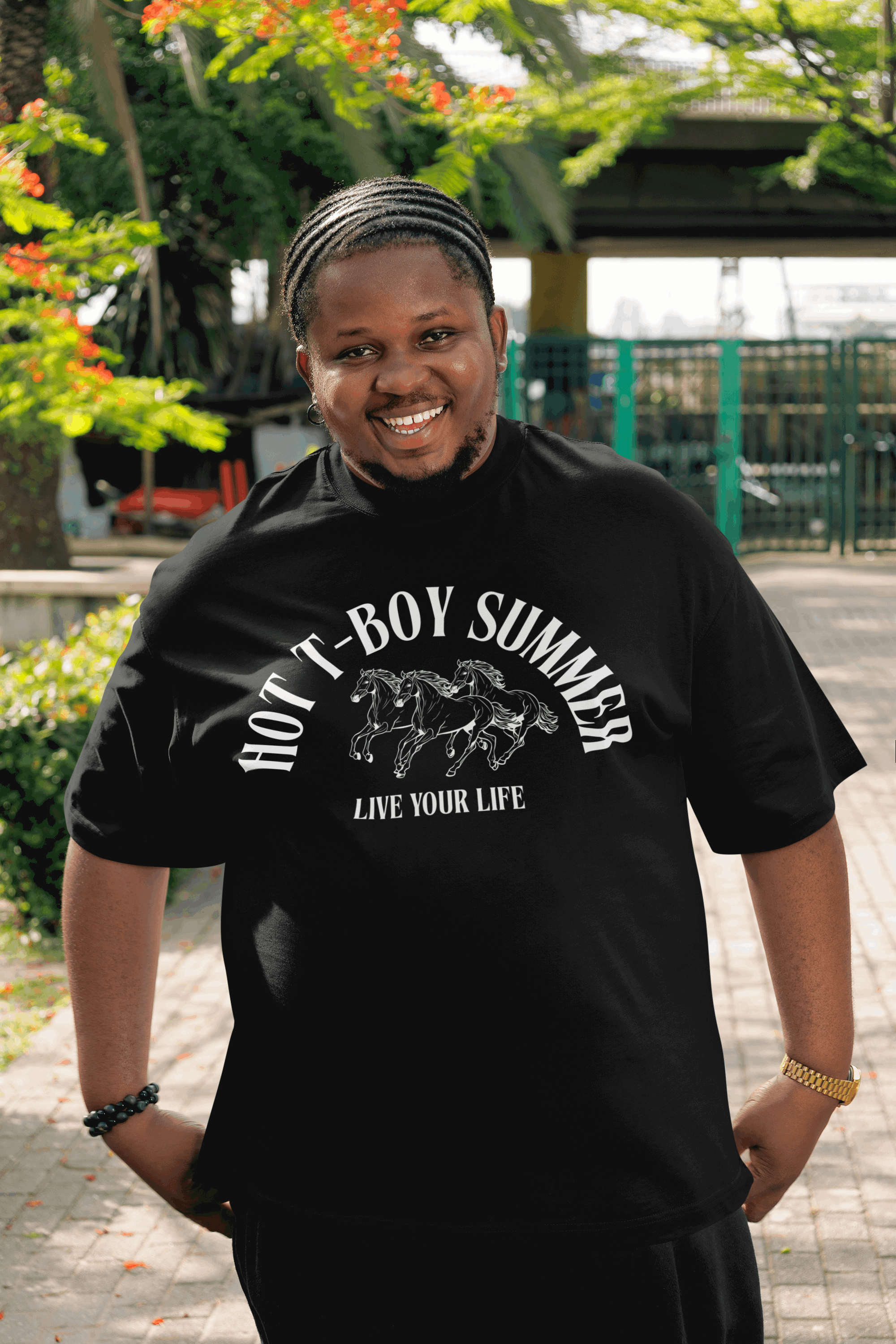 Hot T-Boy Summer Trans Pride on front of Black Oversize Deep Drop Shoulder Tee Oversize Deep Drop Shoulder Tee - 190 GSM