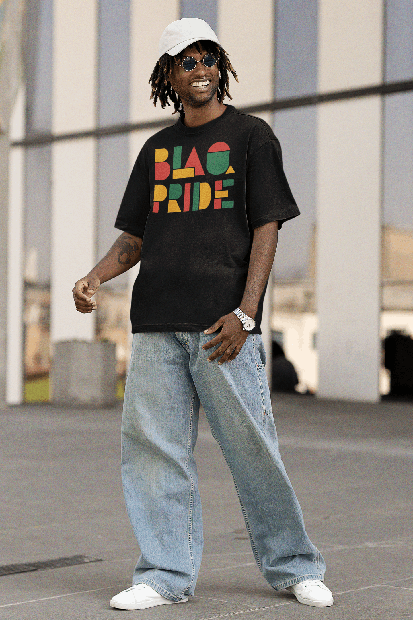 BlaQ Pride Geometric Lettering Red Yellow Green on Black Oversize Deep Drop Shoulder Tee