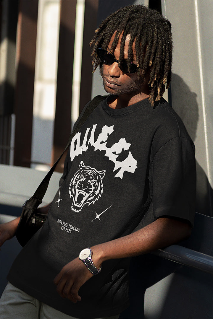Queer Pride Tattoo Inspired Tiger Design on front of Black Size Inclusive Oversize Tee Size Inclusive Oversize Tee