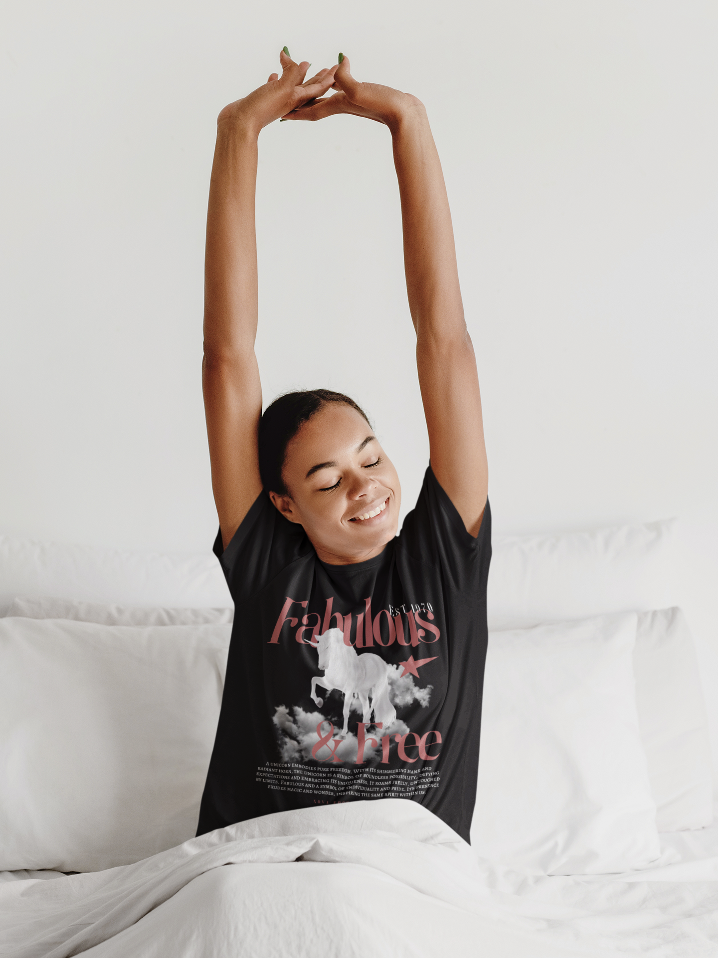 Fabulous & Free Unicorn Graphic Tee Streetwear LGBTQIA+ Pride on back of Black Oversize Deep Drop Shoulder Tee Oversize Deep Drop Shoulder Tee - 190 GSM