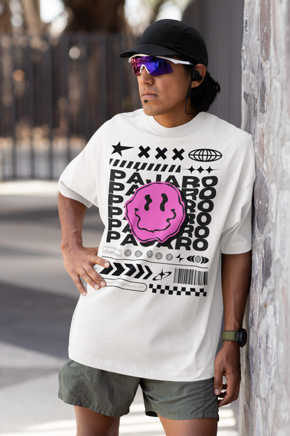 Pájaro Pink Smiley Streetwear Fashion Intersectional Gay Pride on front of White Oversize Deep Drop Shoulder Tee - 190 GSM