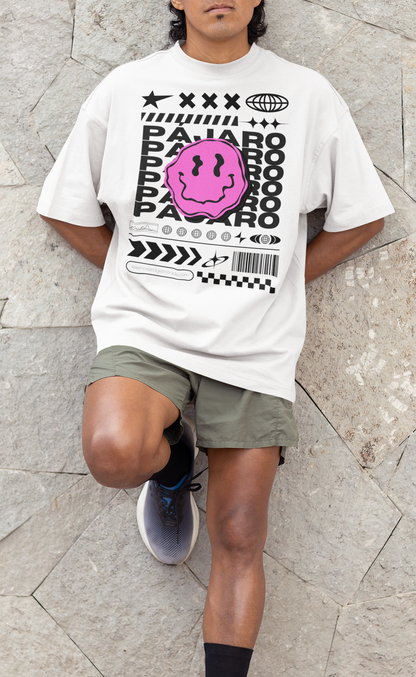 Pájaro Pink Smiley Streetwear Fashion Intersectional Gay Pride on front of White Oversize Deep Drop Shoulder Tee - 190 GSM