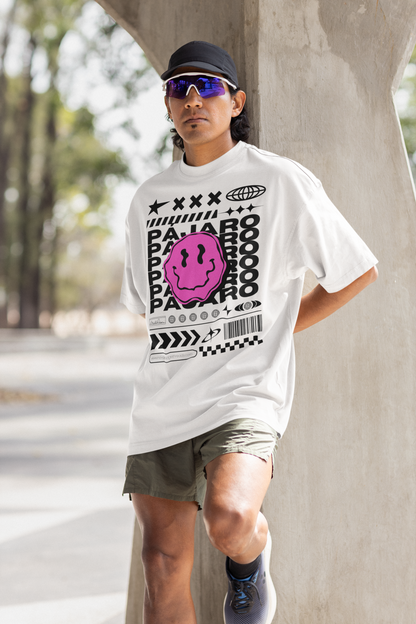 Pájaro Pink Smiley Streetwear Fashion Intersectional Gay Pride on front of White Oversize Deep Drop Shoulder Tee - 190 GSM