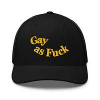 Gay as F*ck Black and Yellow Embroidered Vintage Typography Trucker Hat Retro Trucker Hat