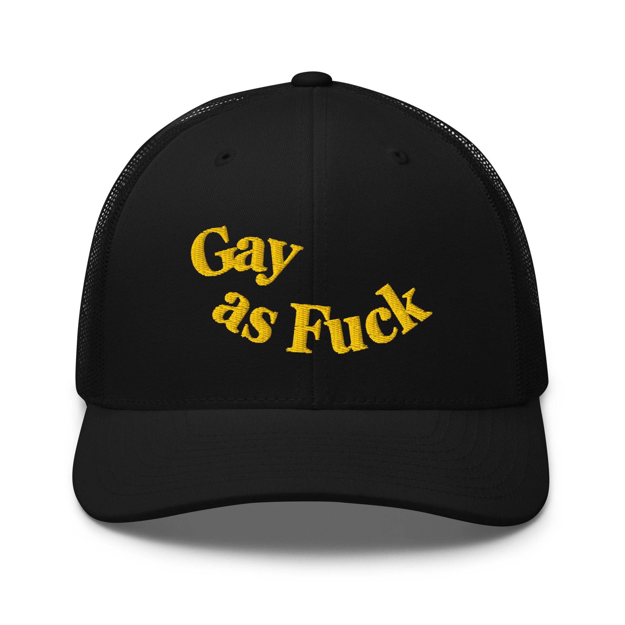 Gay as F*ck Black and Yellow Embroidered Vintage Typography Trucker Hat Retro Trucker Hat