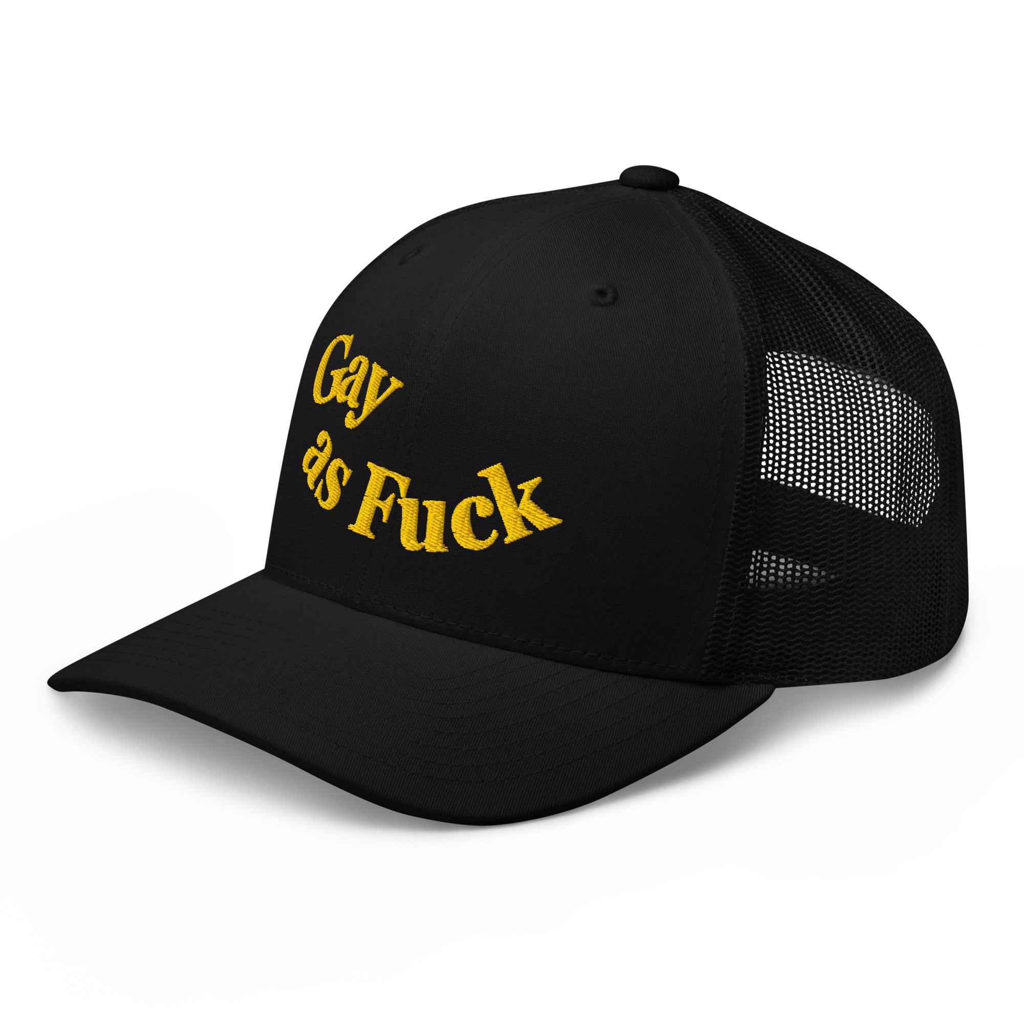 Gay as F*ck Black and Yellow Embroidered Vintage Typography Trucker Hat Retro Trucker Hat