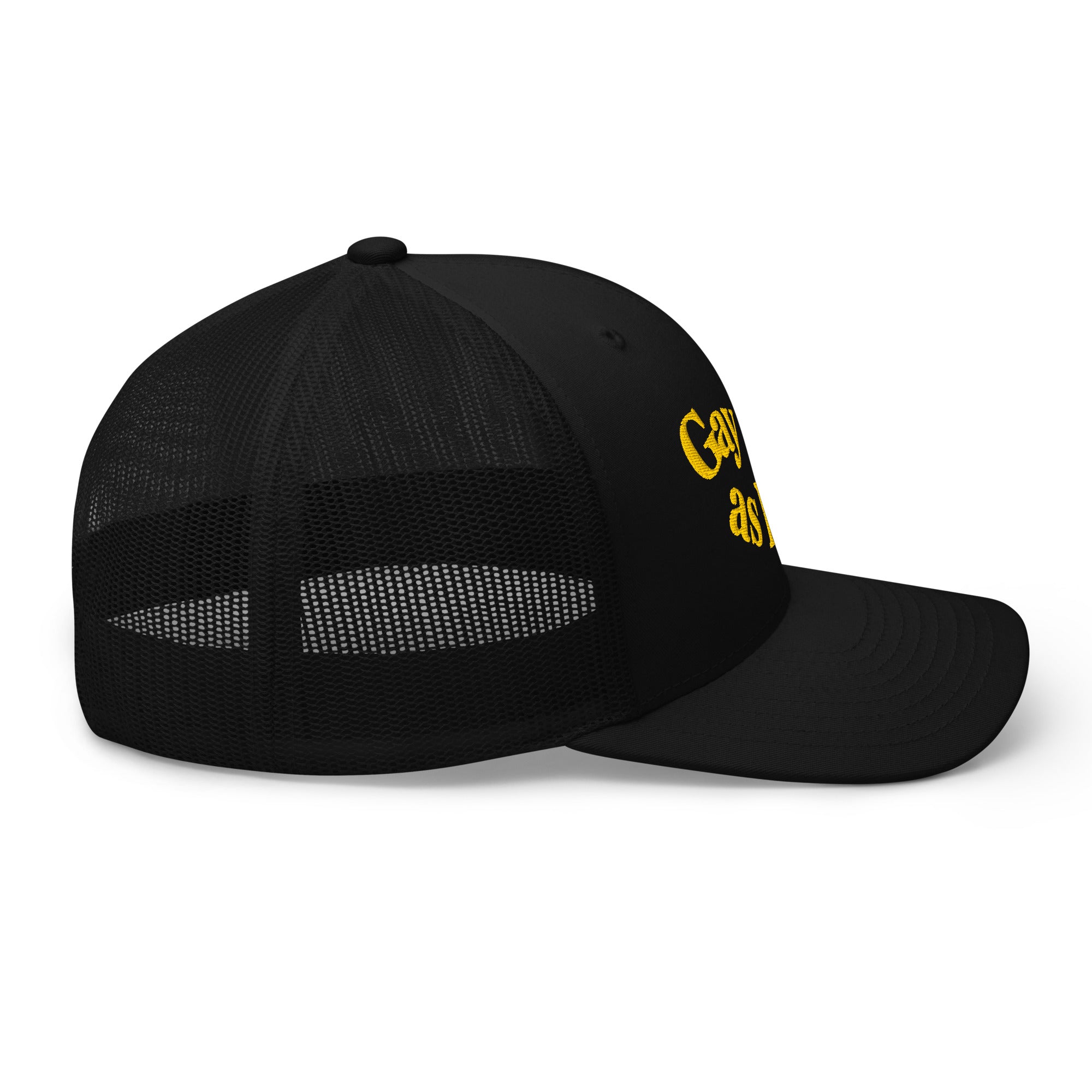 Gay as F*ck Black and Yellow Embroidered Vintage Typography Trucker Hat Retro Trucker Hat