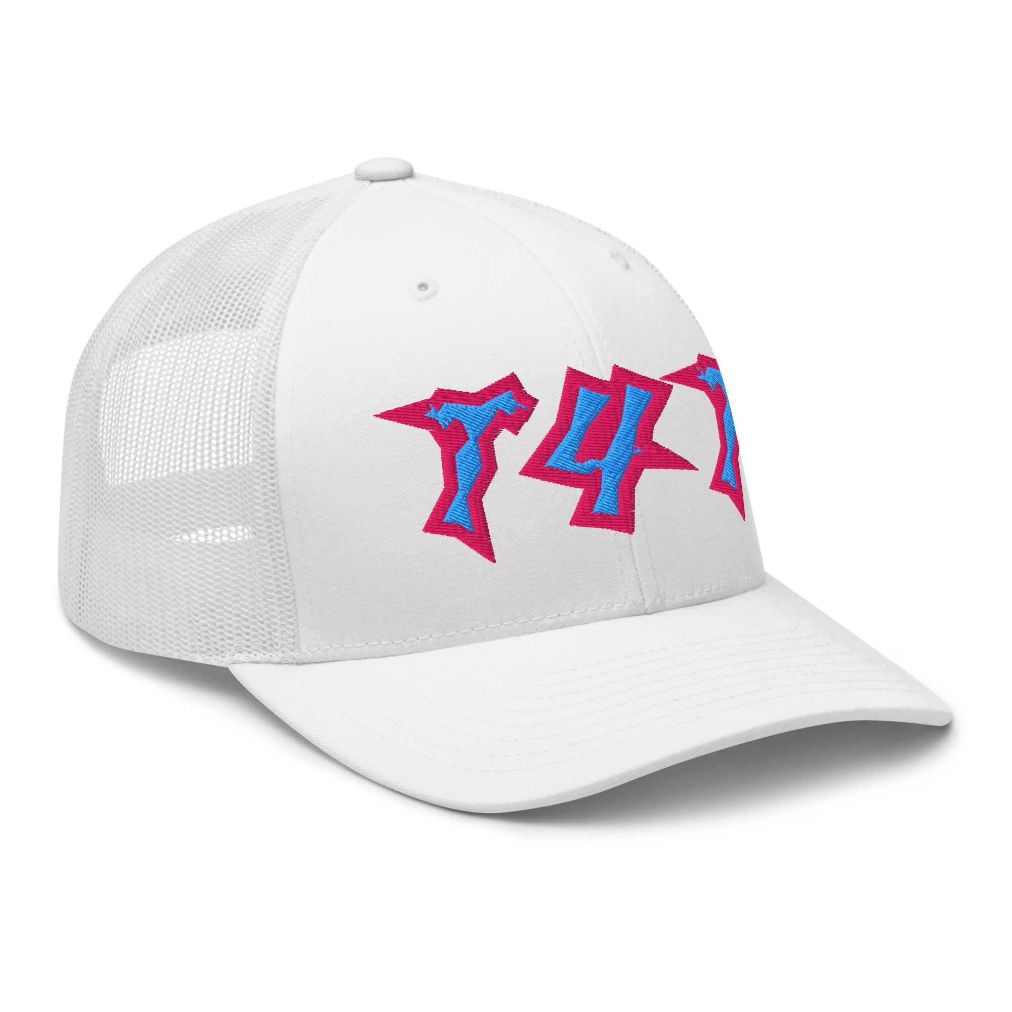 T4T Hat Punk Lettering Pink and Blue Embroidered on White Trucker Cap Retro Trucker Hat