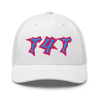 T4T Hat Punk Lettering Pink and Blue Embroidered on White Trucker Cap Retro Trucker Hat