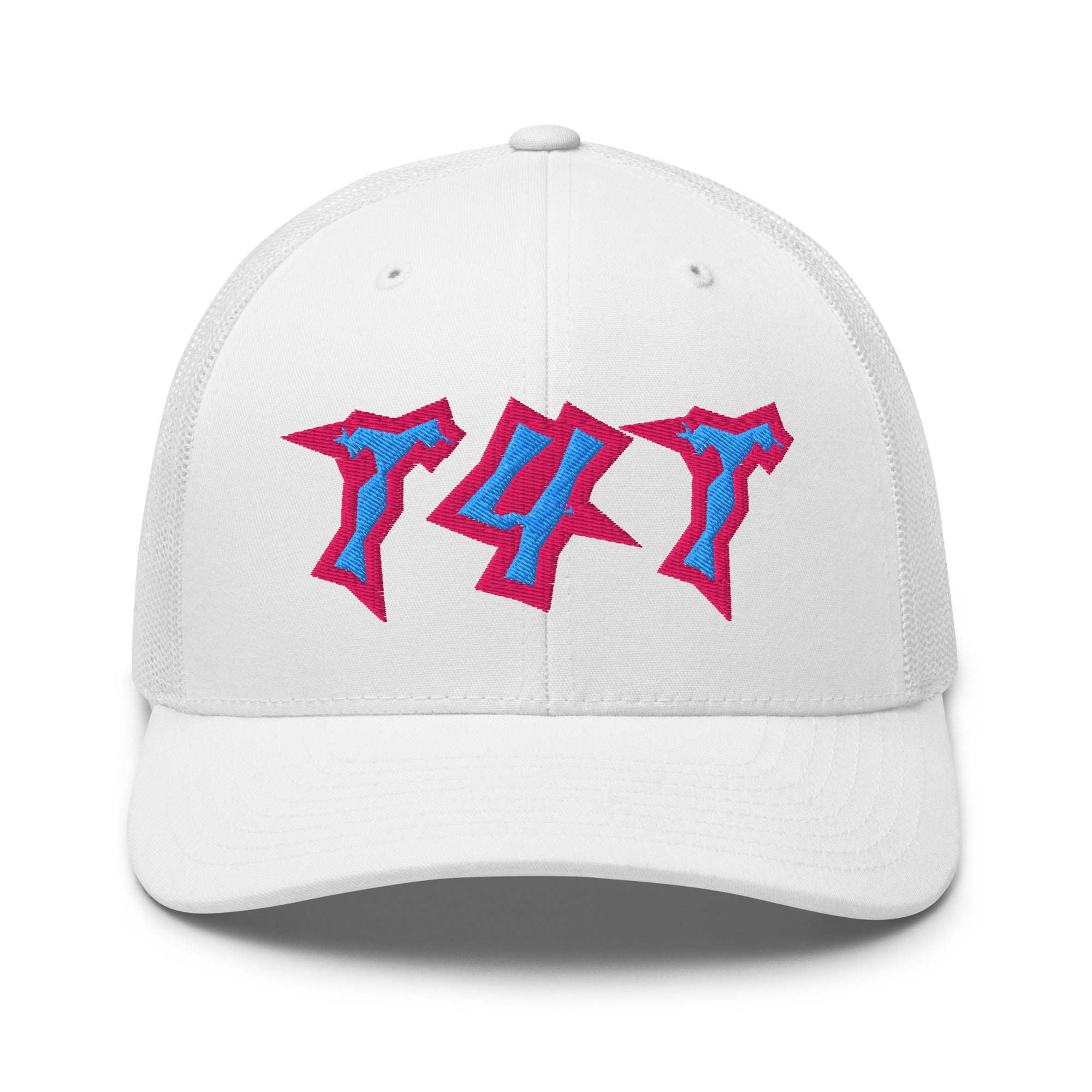 T4T Hat Punk Lettering Pink and Blue Embroidered on White Trucker Cap Retro Trucker Hat