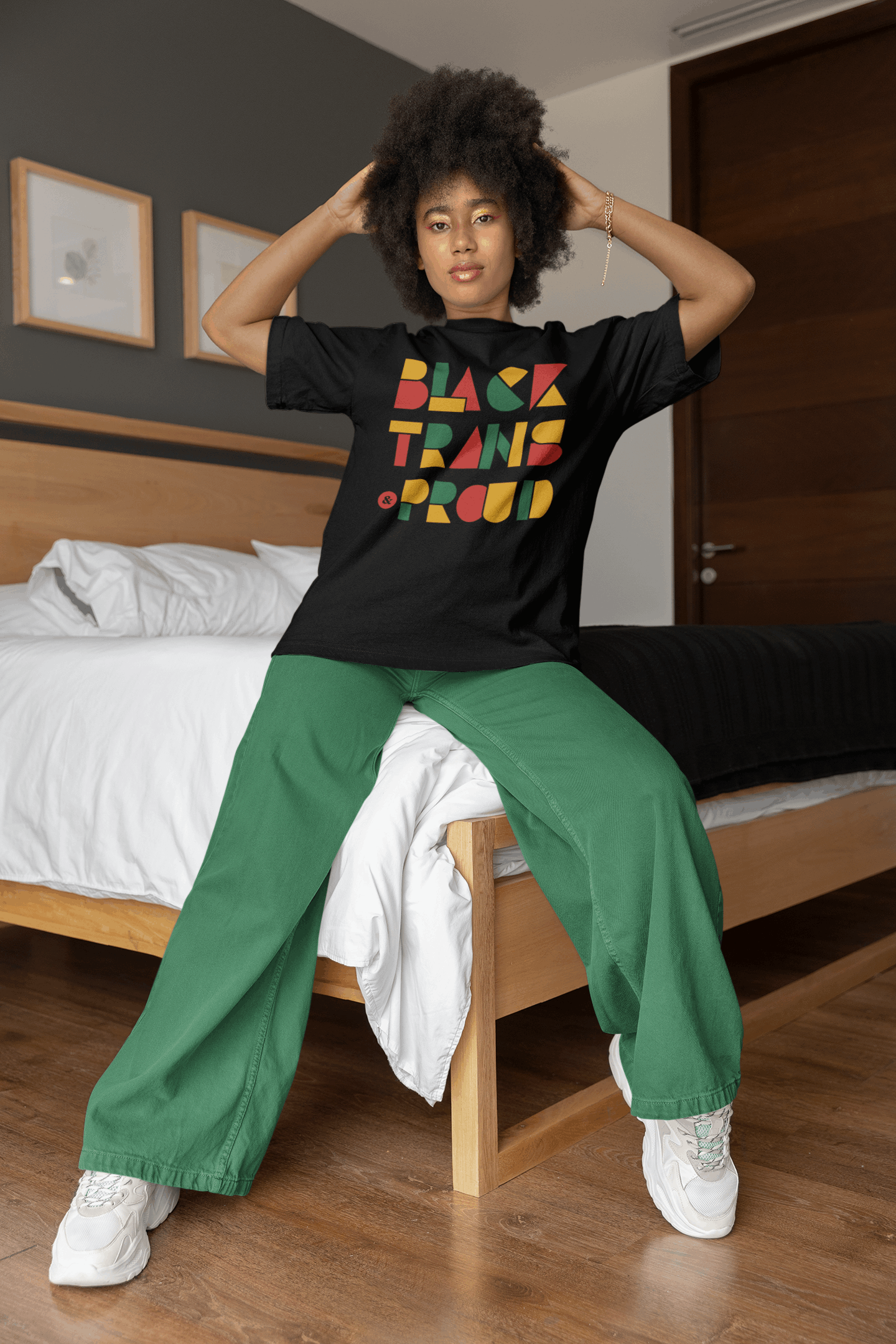 Black Trans & Proud T-Shirt African Culture Colors on Black Oversize Deep Drop Shoulder Tee