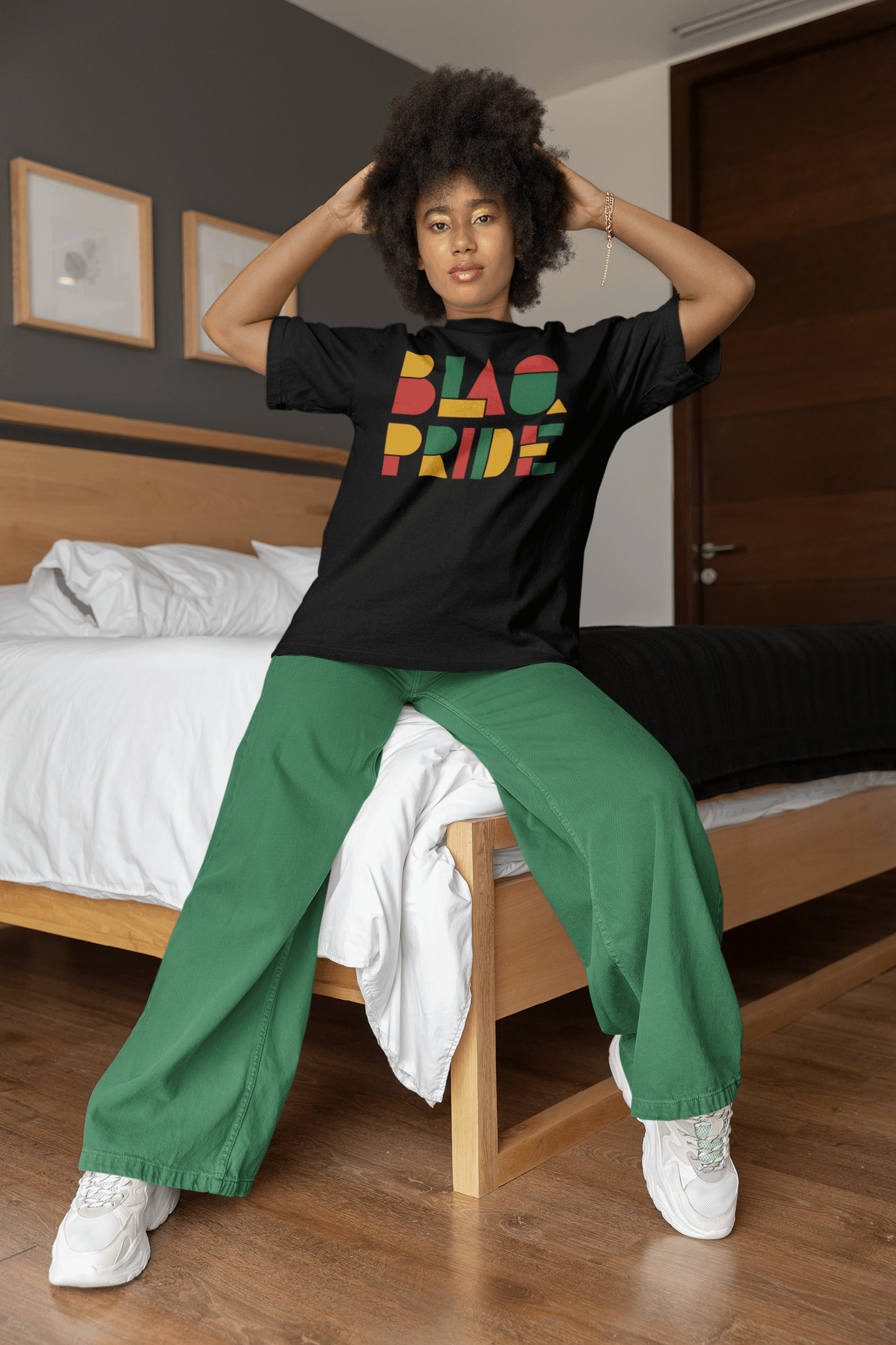 BlaQ Pride Geometric Lettering Red Yellow Green on Black Oversize Deep Drop Shoulder Tee
