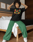 BlaQ Pride Geometric Lettering Red Yellow Green on Black Oversize Deep Drop Shoulder Tee