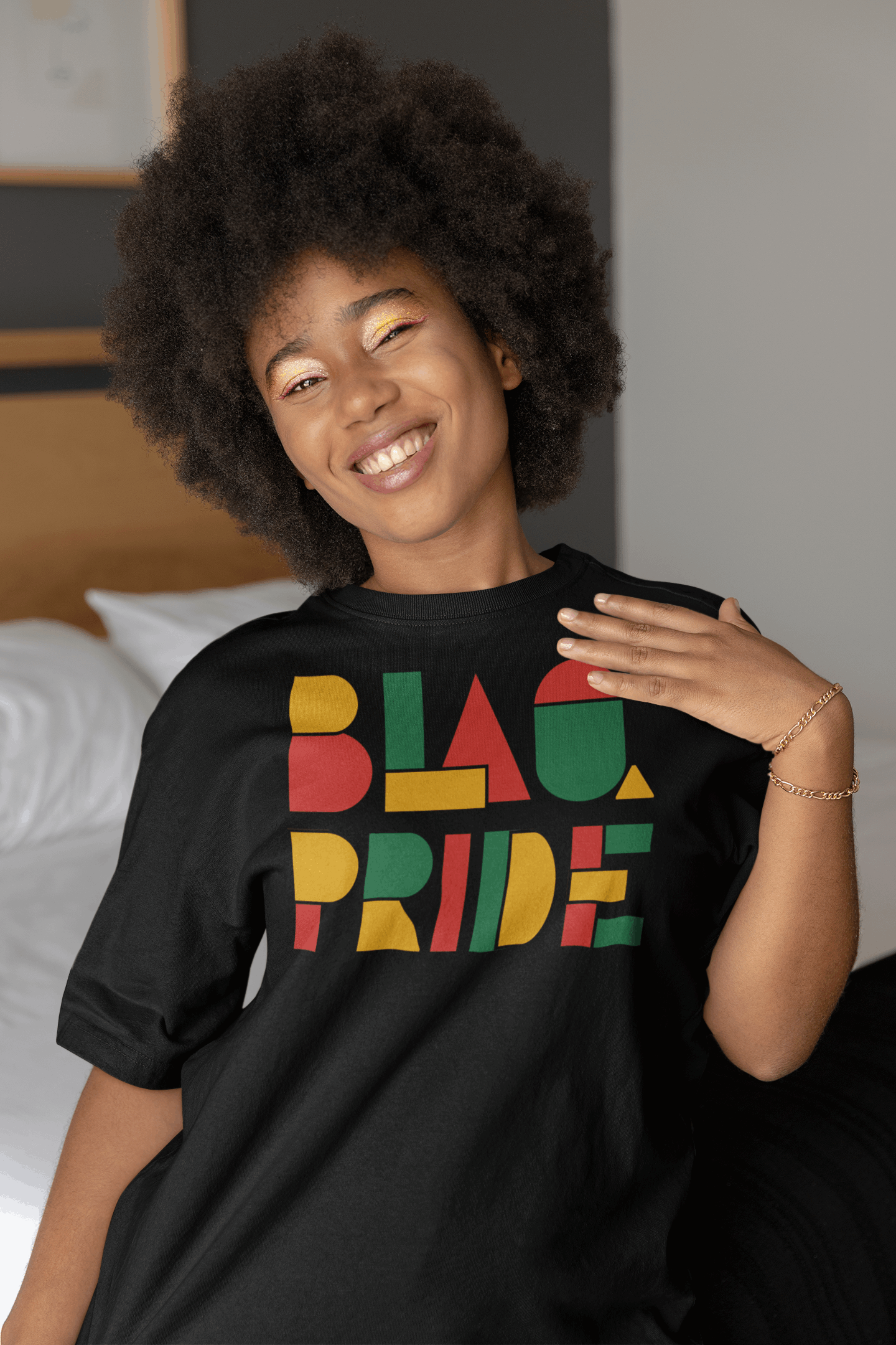 BlaQ Pride Geometric Lettering Red Yellow Green on Black Oversize Deep Drop Shoulder Tee